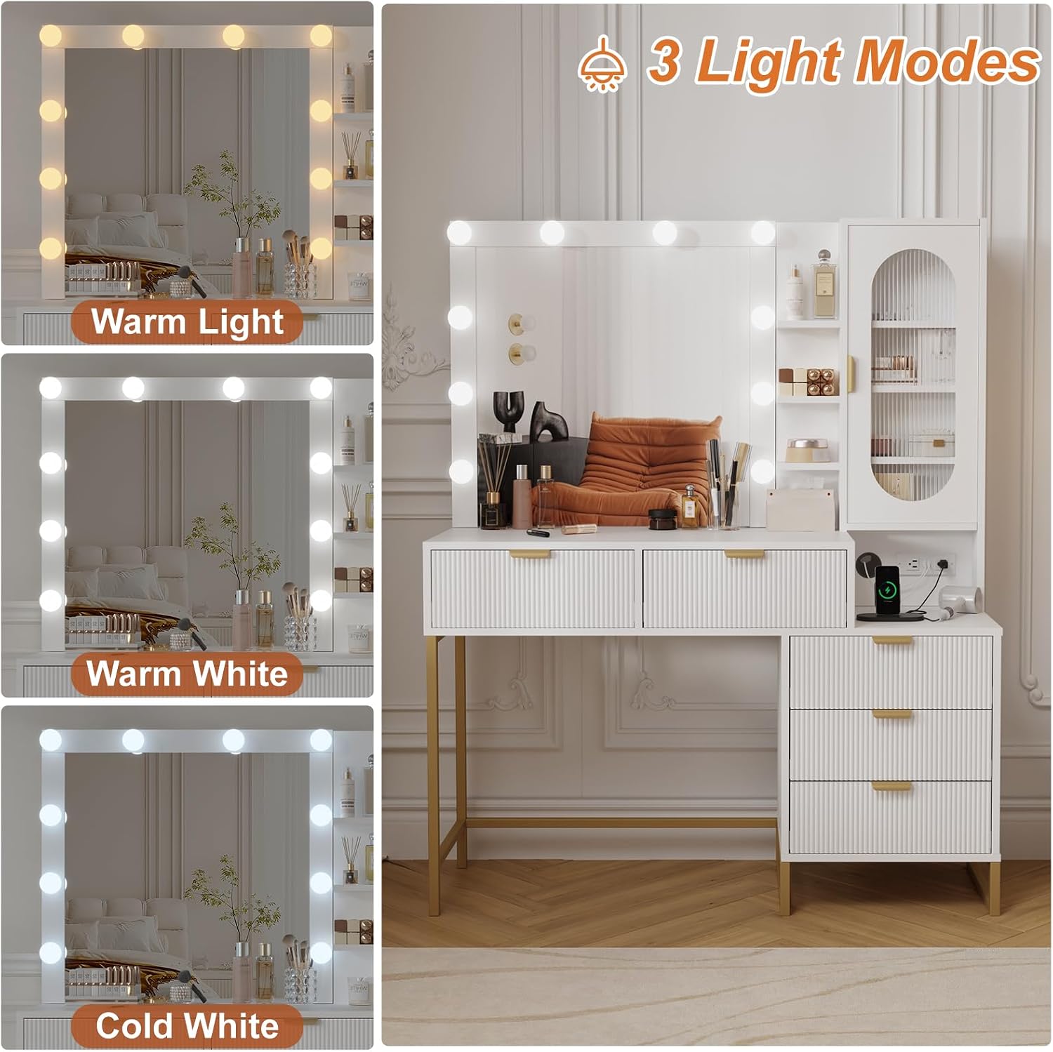 Modern Vanity Makeup Desk with Vanity Mirror, Built-in Lights, 5 Drawers, Power Outlet, Makeup Desk for Bedroom, White & Gold, Wavy Stripes
