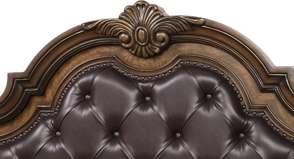 MASARA 3-Piece Traditional Bedroom Set, Queen/King Bed with 2 Nightstands, Dark Brown, Asian Hardwood with Tufted Leatherette Headboard, Ornate Carved Details (King)