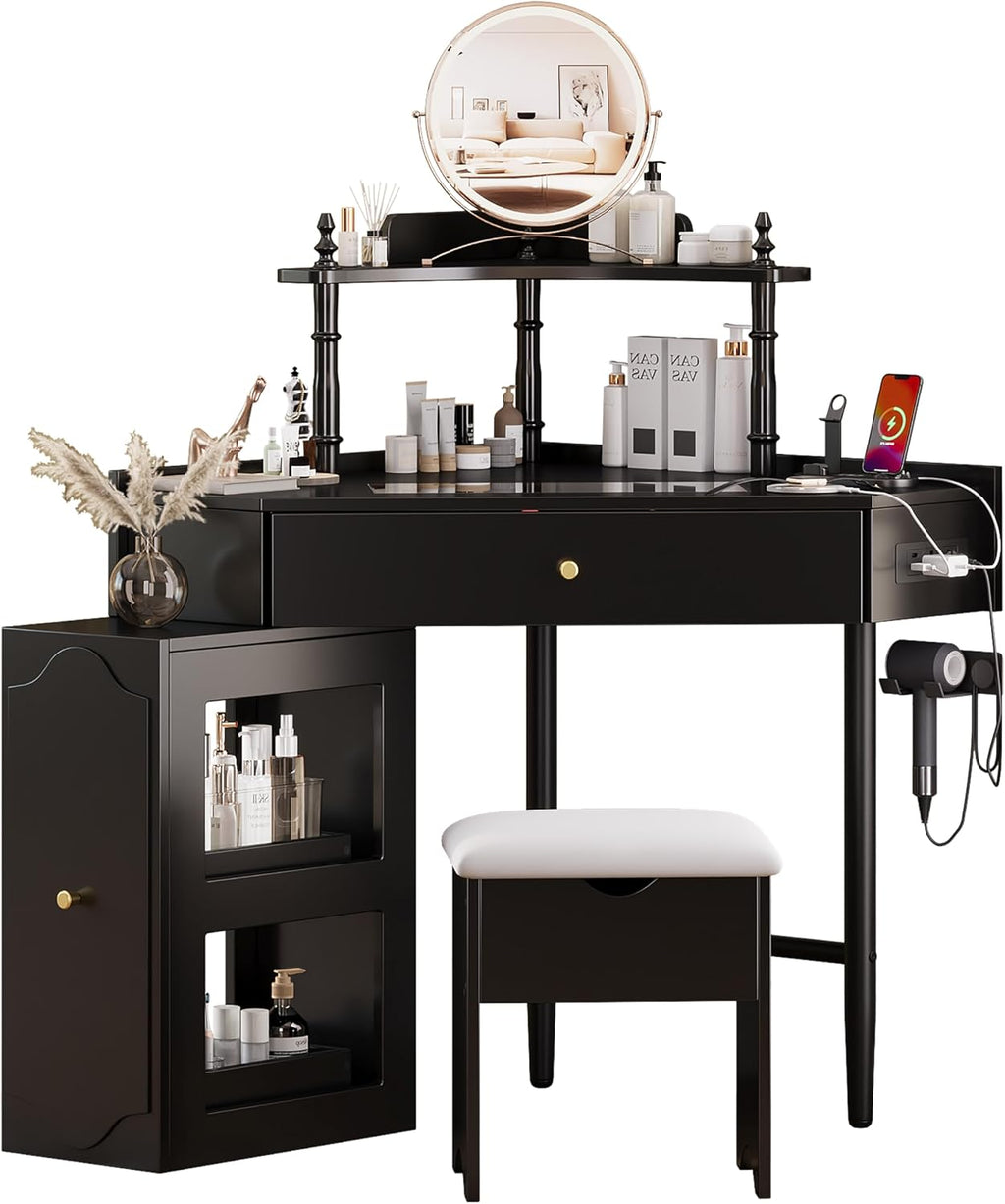 Corner Vanity Desk Set with Storage Cushioned Stool and Charging Station, Triangle Makeup Desk with Removable Pull Out Side Cabinet, Glass Tabletop Makeup Vanity Desk with Drawer and Shelf, Black