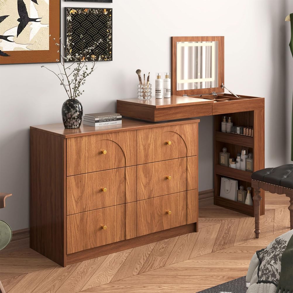 60'' Vanity Desk with Flip-Top Mirror & LED Lights, Convertible L-Shaped Makeup Vanity Table with 6 Drawers, Shelves & Storage Compartments, Modern Corner Dressing Table for Bedroom,Walnut