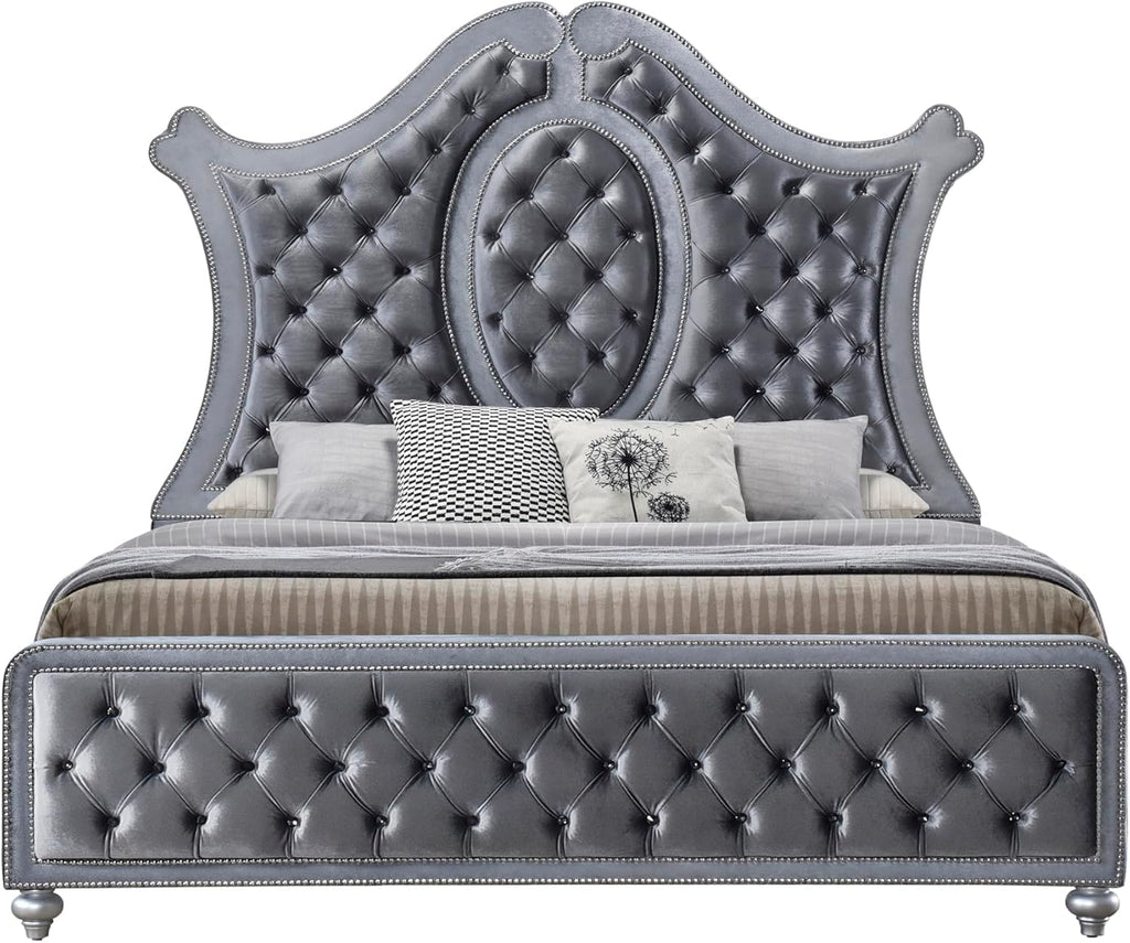 5pc Traditinal Gray Finish Luxury Upholstered King Size Panel Bed Set Arched Headboard Bedroom Furniture