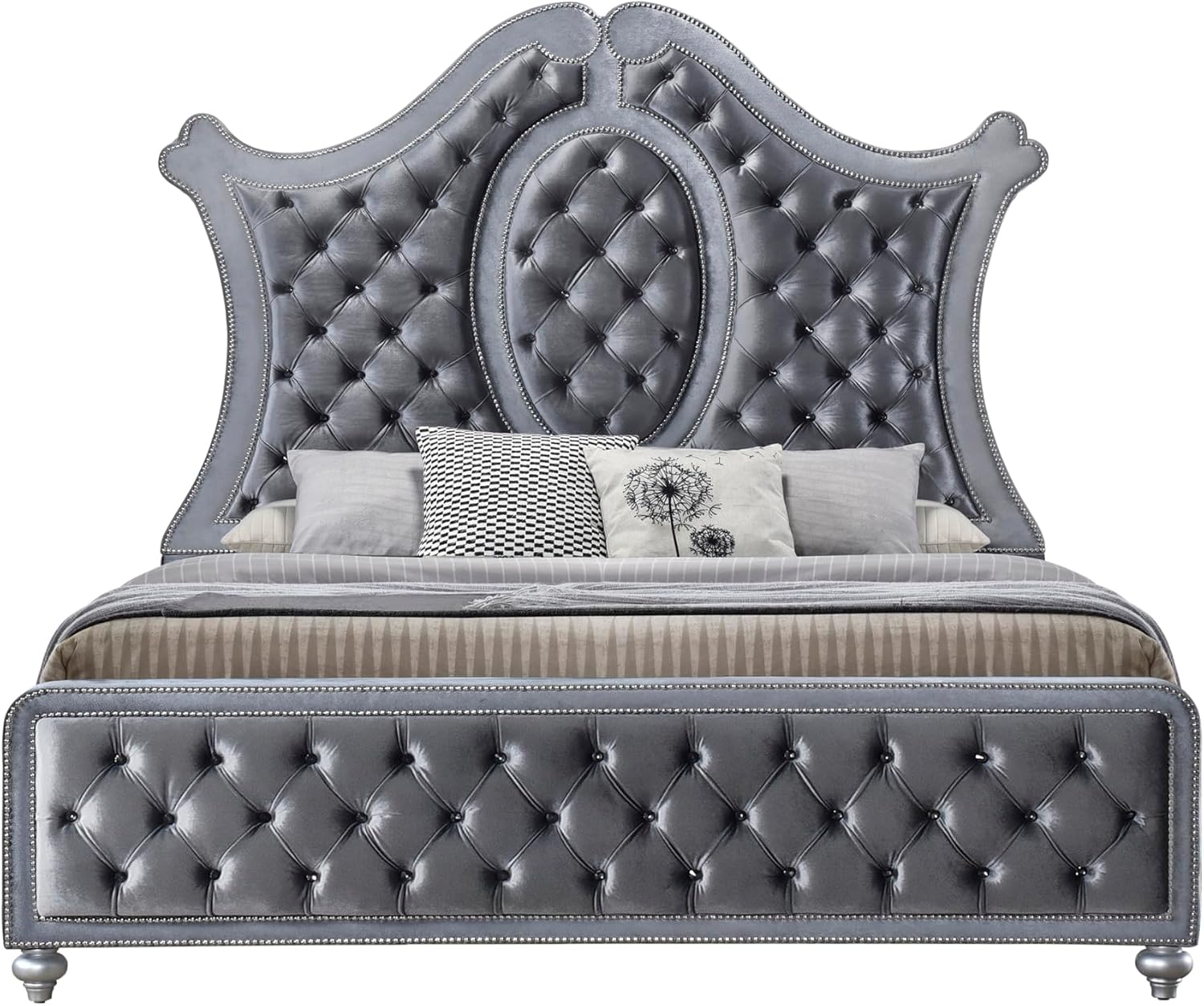 5pc Traditinal Gray Finish Luxury Upholstered King Size Panel Bed Set Arched Headboard Bedroom Furniture