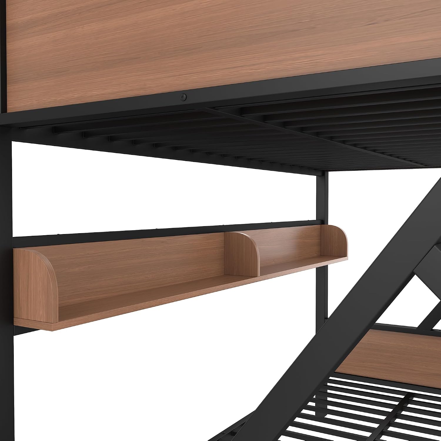 Bellemave Bunk Bed Full XL Over Queen with LED, Heavy Duty Metal Bunk BedFrame with Storage Shelves and Lights, Woodgrain+Black