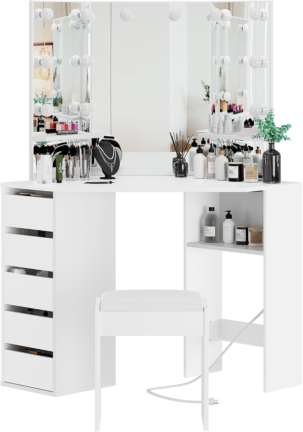 Garvee Corner Vanity Desk and Bench, Makeup Vanity Table with 3-Folding Lighted Mirrors, Charging Station, 5 Drawers for Bedroom
