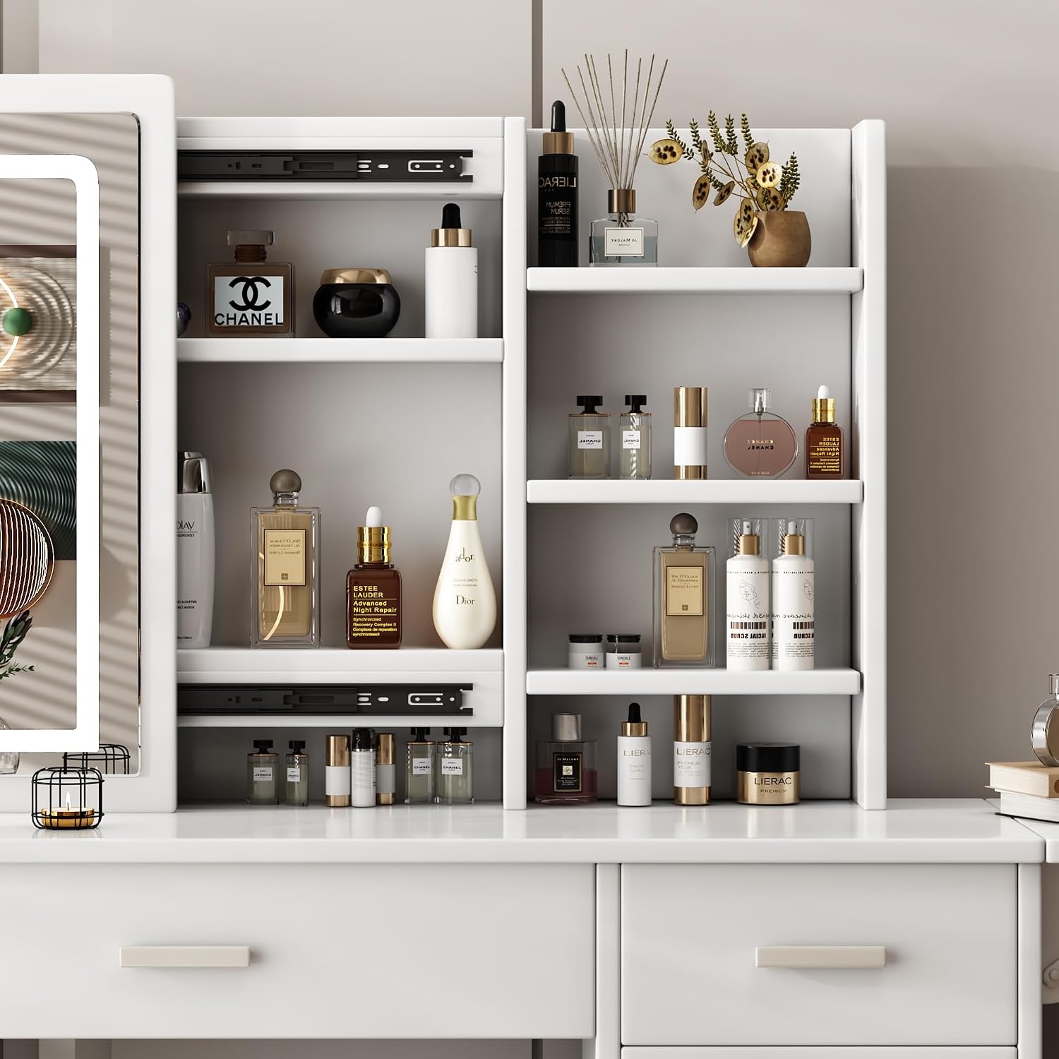 43.3' Vanity Desk with Mirror and Lights, Sliding 3 Colors Lighted Mirror, Vanity Desk Set with Stool, 5 Drawers and Foldable Table Board, to Store Jewelry and Makeup for Bedroom&Dressing Room