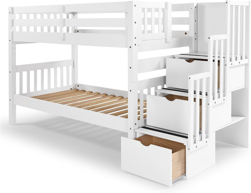 Bedz King Stairway Bunk Beds Twin Over Twin, 3 Step Drawers, White