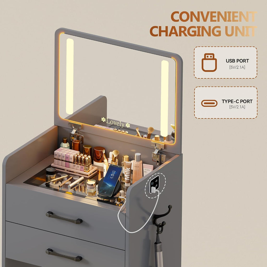 3 in 1 Vanity Desk with Flip up Mirror and Lights, Glass Top Makeup Vanity Table with Charging Station,LED Compact Dressing Table with 3 Drawer and Wheel Storage Stool for Bedroom(Grey)