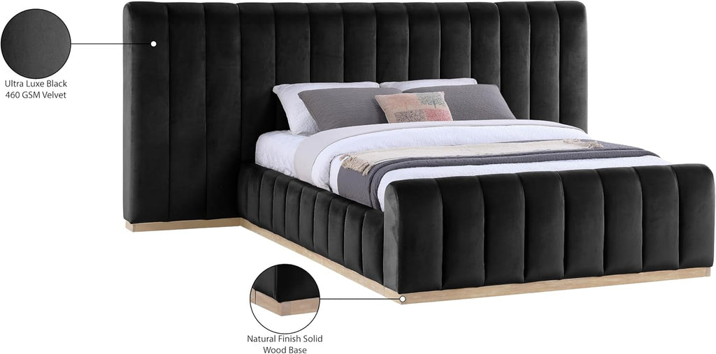 Meridian Furniture AmaraBlack-Q117 Collection Modern | Contemporary Queen Bed, Ultra Luxe Black 460 GSM Velvet, Natural Finish, Solid Wood Base and Inner Frame, 117' W x 99' D x 51' H, Black, Queen