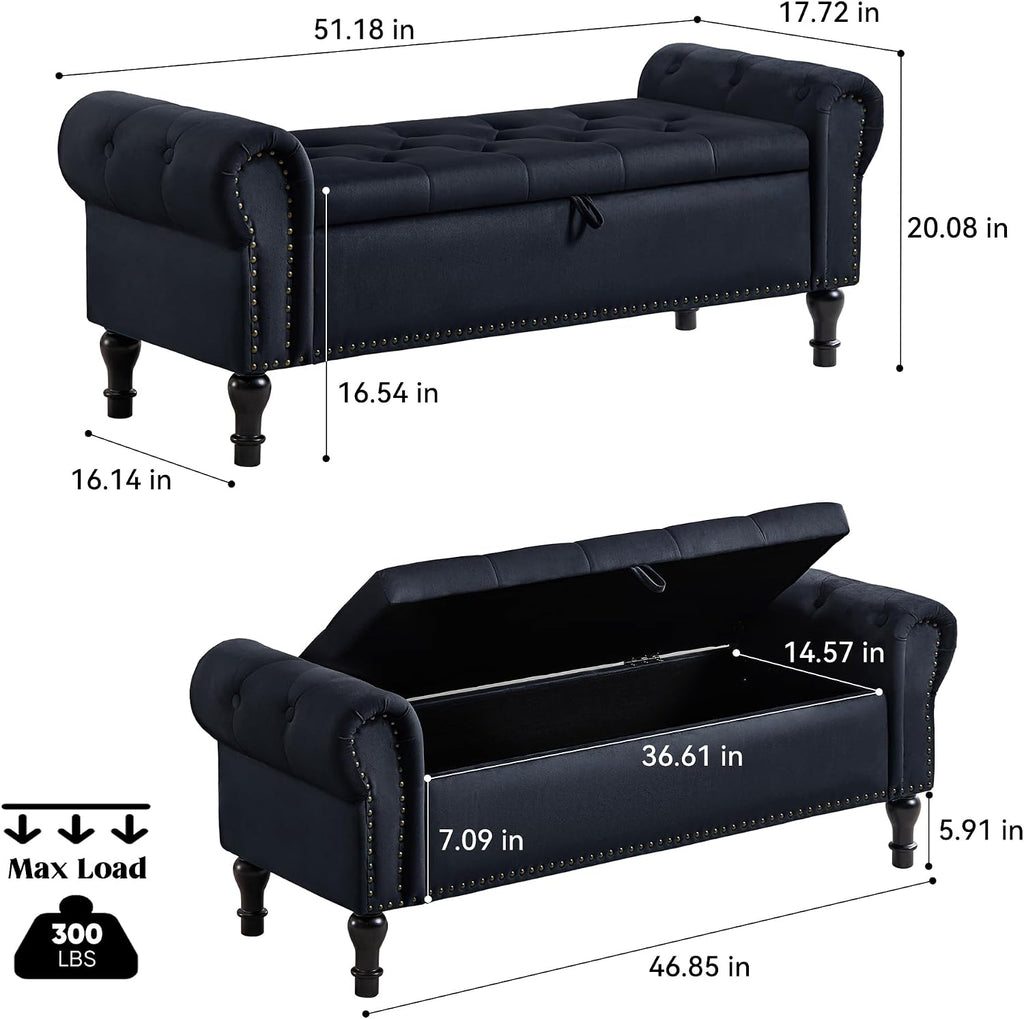 Storage Bench for Bedroom, 51' Upholstered End of Bed Bench, Velvet Queen Size Benches with Rolled Arms, Tufted Button Storage Long Ottoman, Living Room, Entryway, Black