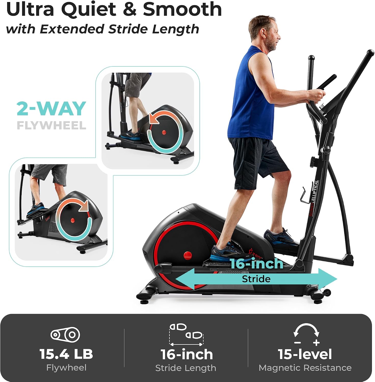 Sunny Health & Fitness Elliptical Machine with Extended Stride, Ultra Quiet 300 lbs Capacity Cross Training Cardio Fully Body Exercise for Home, Sunny Fit App Access, Optional 12' or 16' Stride Length