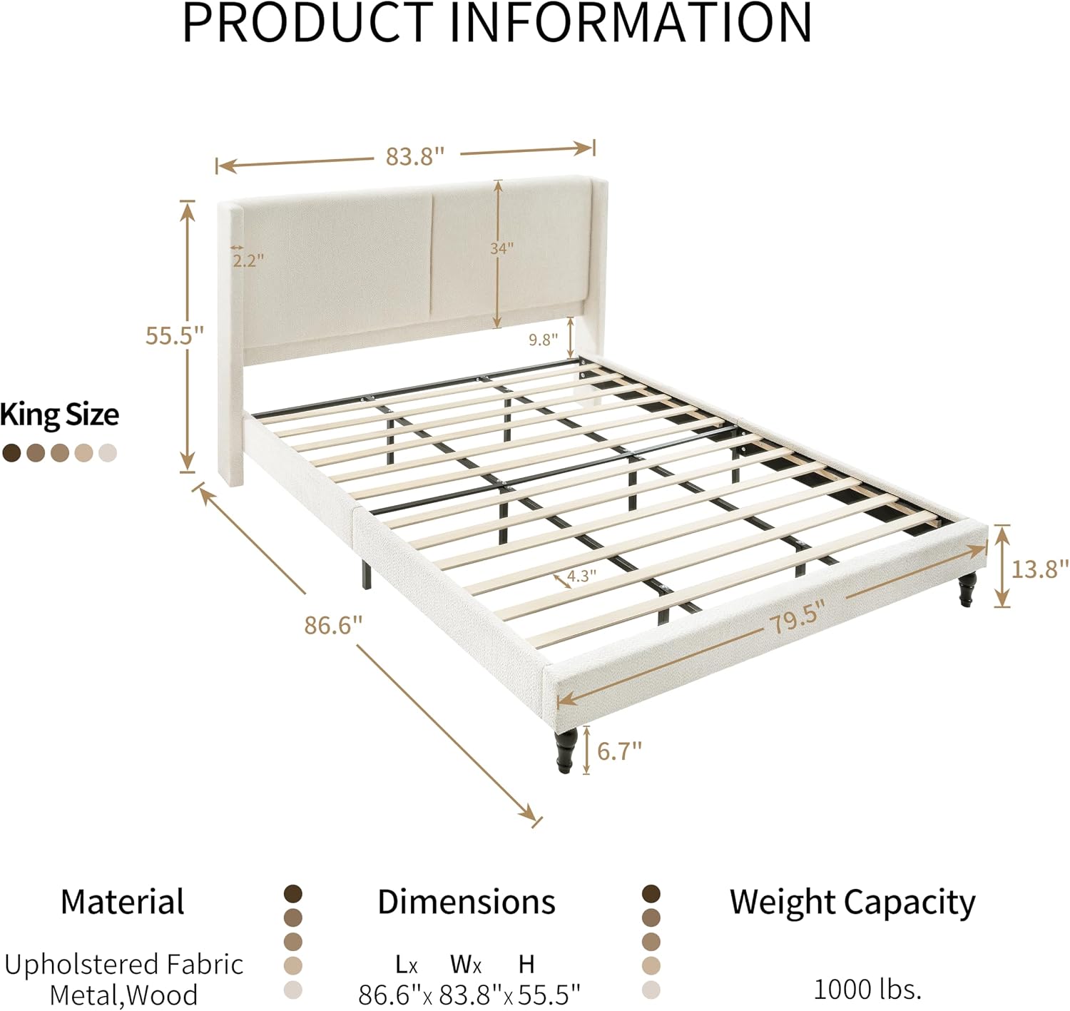 KEIKI King Size Boucle Platform Bed, Upholstered Metal Bed Frame with Tall Headboard, Wingback Solid Tufted Bedframe Queen-Size, Wood Slat Support, No Box Spring Needed, Easy Assembly, Beige