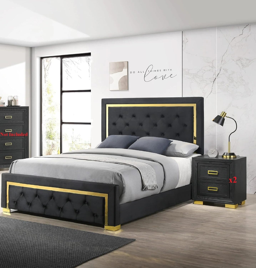 Modern Glam Beautiful 3pc Bedroom Set King Size Panel Bed Storage 2X Nightstands Furniture Gold Black Finish