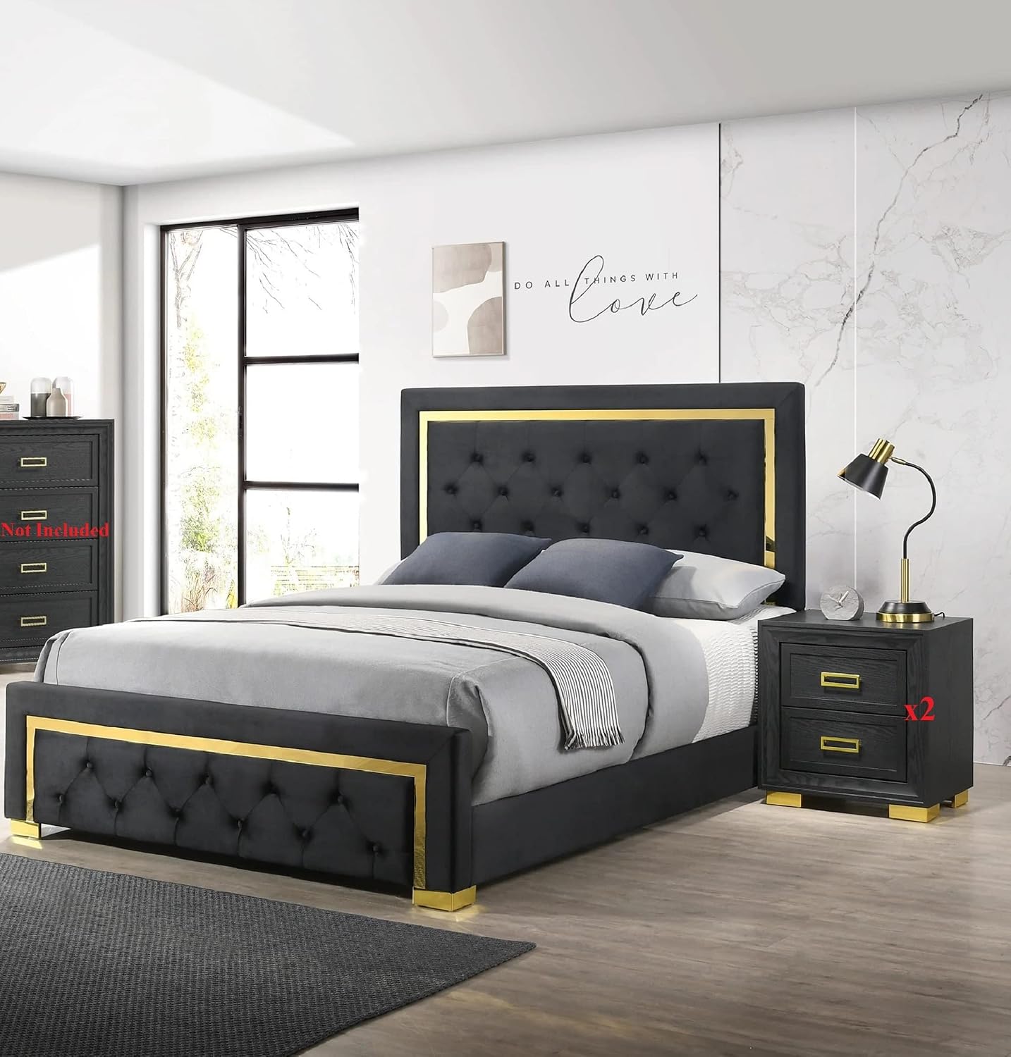 Modern Glam Beautiful 3pc Bedroom Set King Size Panel Bed Storage 2X Nightstands Furniture Gold Black Finish