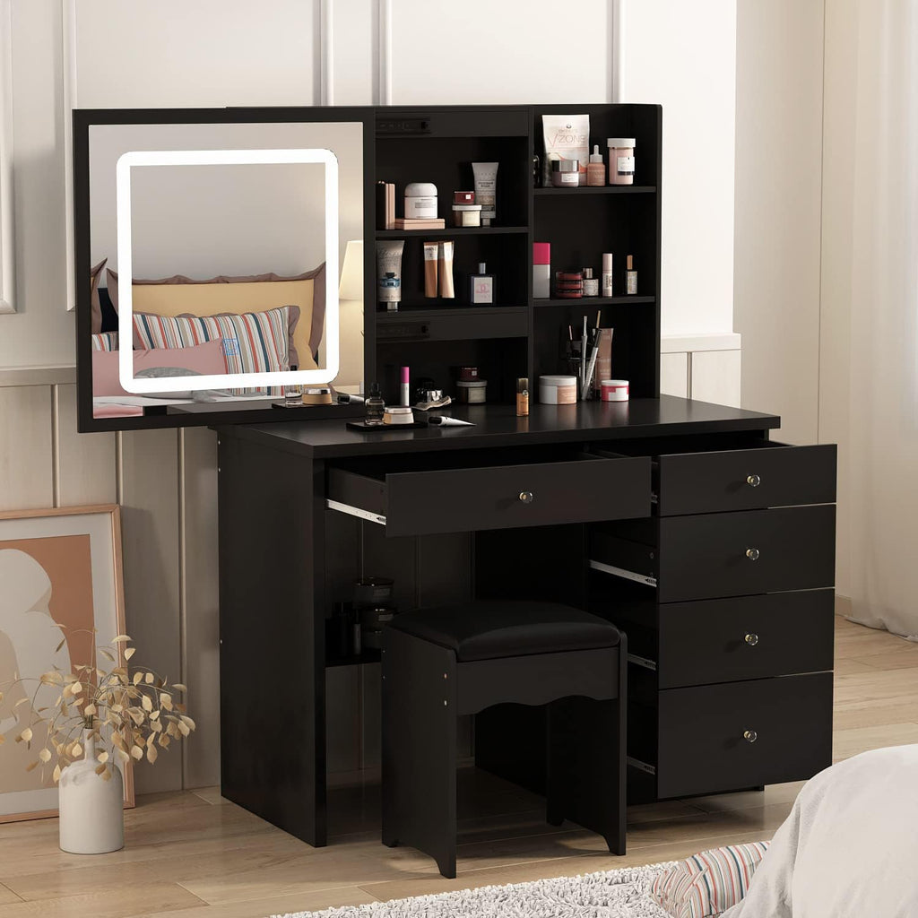 Homsee Vanity Desk Set Makeup Table with Large Sliding Lighted Mirror, Dressing Table with 5 Drawers, Storage Shelves & Cushioned Stool for Bedroom, Black