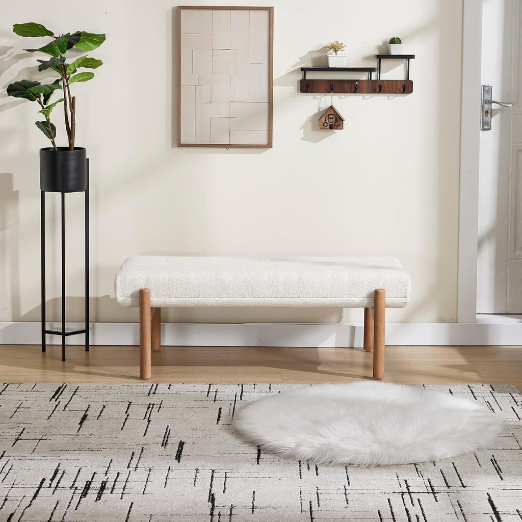 47' Modern Upholstered End of Bed Bench, Beige Chenille Channel Tufted Entryway Bench with Wood Legs, Comfy Bedroom Bench Long Ottoman for Living Room Hallway Vanity Room