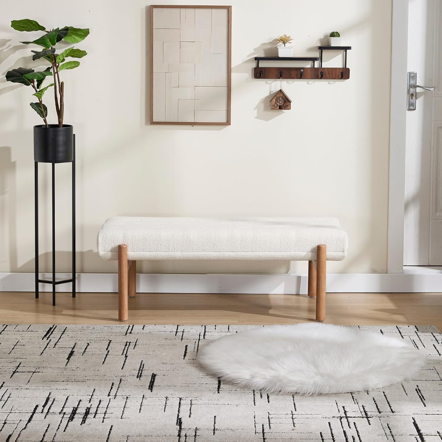 47' Modern Upholstered End of Bed Bench, Beige Chenille Channel Tufted Entryway Bench with Wood Legs, Comfy Bedroom Bench Long Ottoman for Living Room Hallway Vanity Room