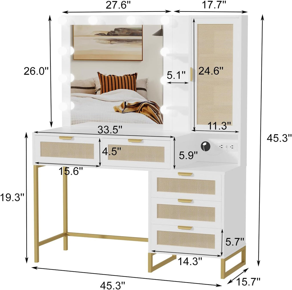 Modern Vanity Makeup Desk with Vanity Mirror, Built-in Lights, 5 Drawers, Power Outlet, Makeup Desk for Bedroom, White & Gold, Rattan
