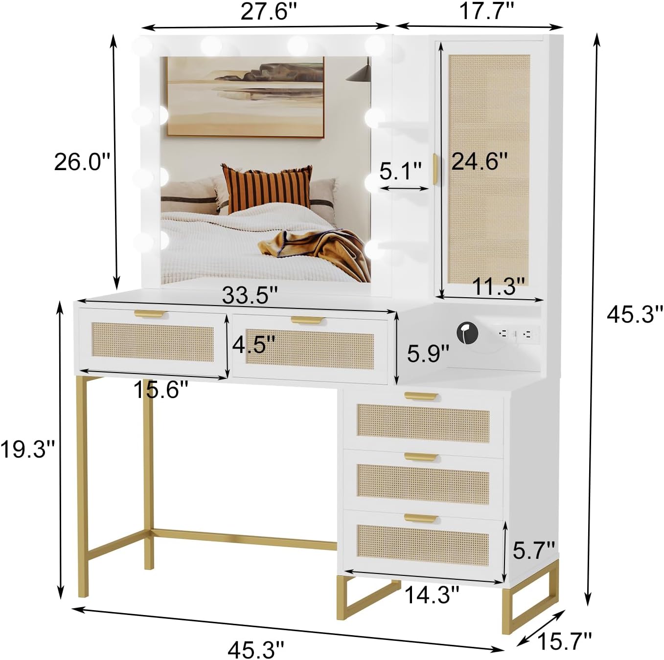 Modern Vanity Makeup Desk with Vanity Mirror, Built-in Lights, 5 Drawers, Power Outlet, Makeup Desk for Bedroom, White & Gold, Rattan