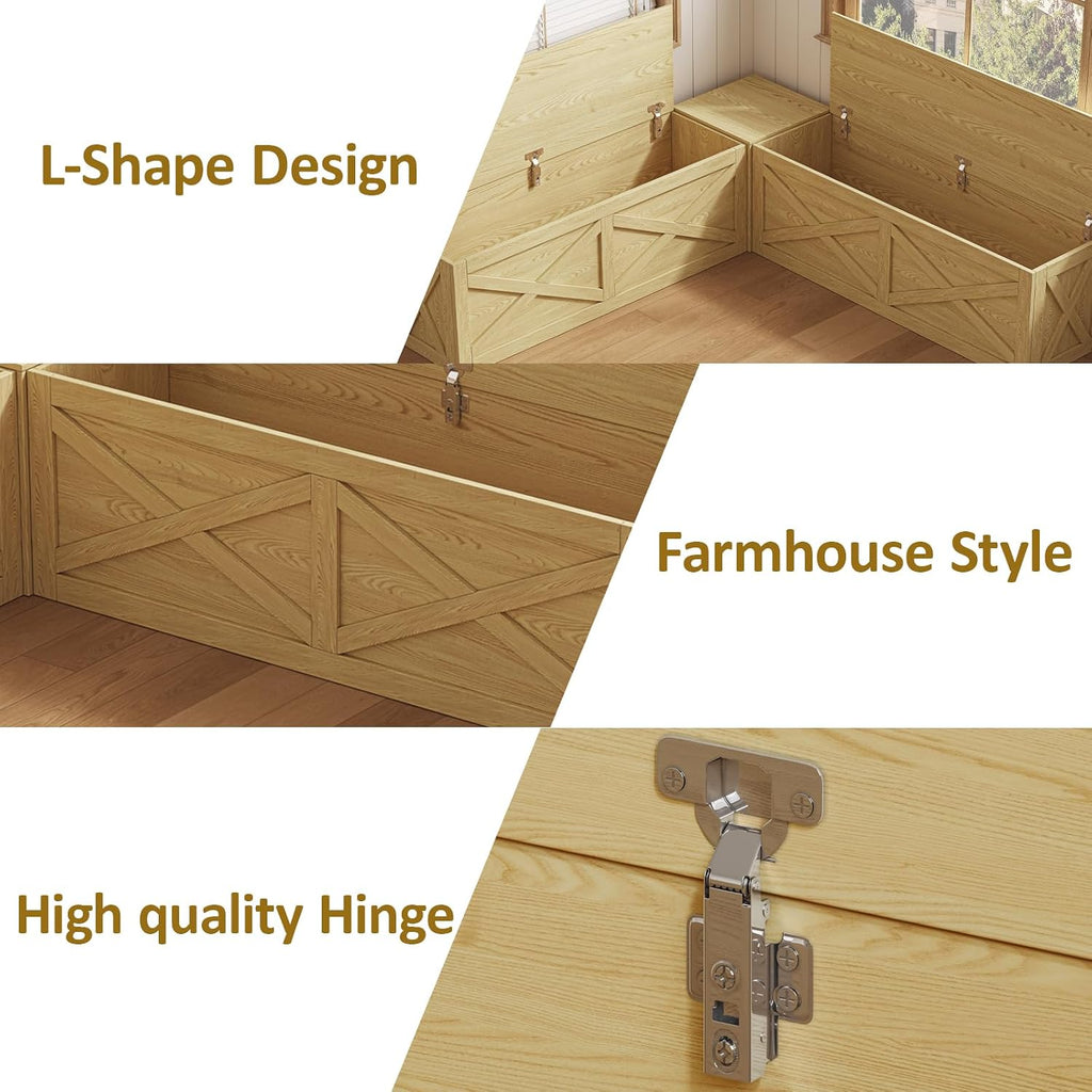 L-Shape Storage Bench with Cushion, Farmhouse Corner Dining Bench, Kitchen Breakfast Nook Bench with Hidden Storage for Dining Room, Entryway, Cloakroom, Natural
