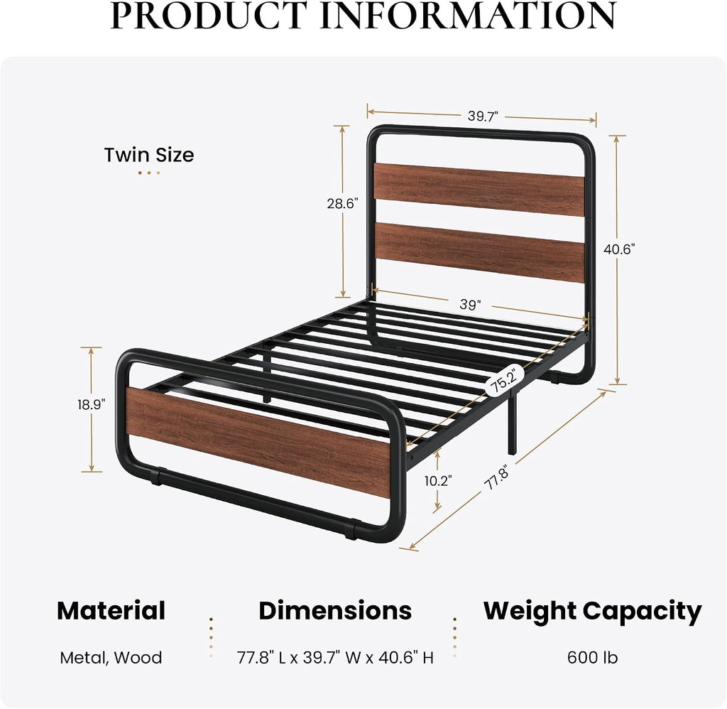SHA CERLIN Twin Size Metal Bed Frame with Wooden Headboard and Footboard, Heavy Duty Oval-Shaped Platform Bed Frame with 10' Under-Bed Storage, Heavy Duty Slats Support, No Box Spring Needed, Walnut