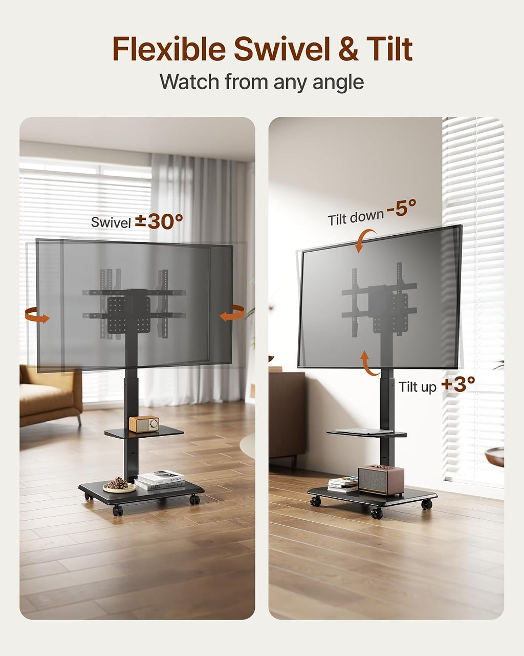 Steel Base Rolling TV Stand for 37-86 Inch TVs up to 110 lbs, Rotating & Tilt & Swivel Mobile TV Stand with Pegboard Storage Panel, Height Adjustable Portable TV Cart with Steel Shelf, Black