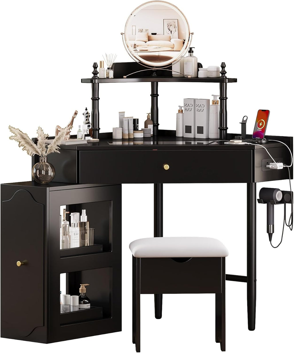 Corner Vanity Desk Set with Storage Cushioned Stool and Charging Station, Triangle Makeup Desk with Removable Pull-Out Side Cabinet, Glass Tabletop, Drawer and Shelf (Black)