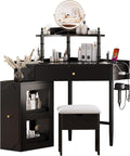 Corner Vanity Desk Set with Storage Cushioned Stool and Charging Station, Triangle Makeup Desk with Removable Pull-Out Side Cabinet, Glass Tabletop, Drawer and Shelf (Black)