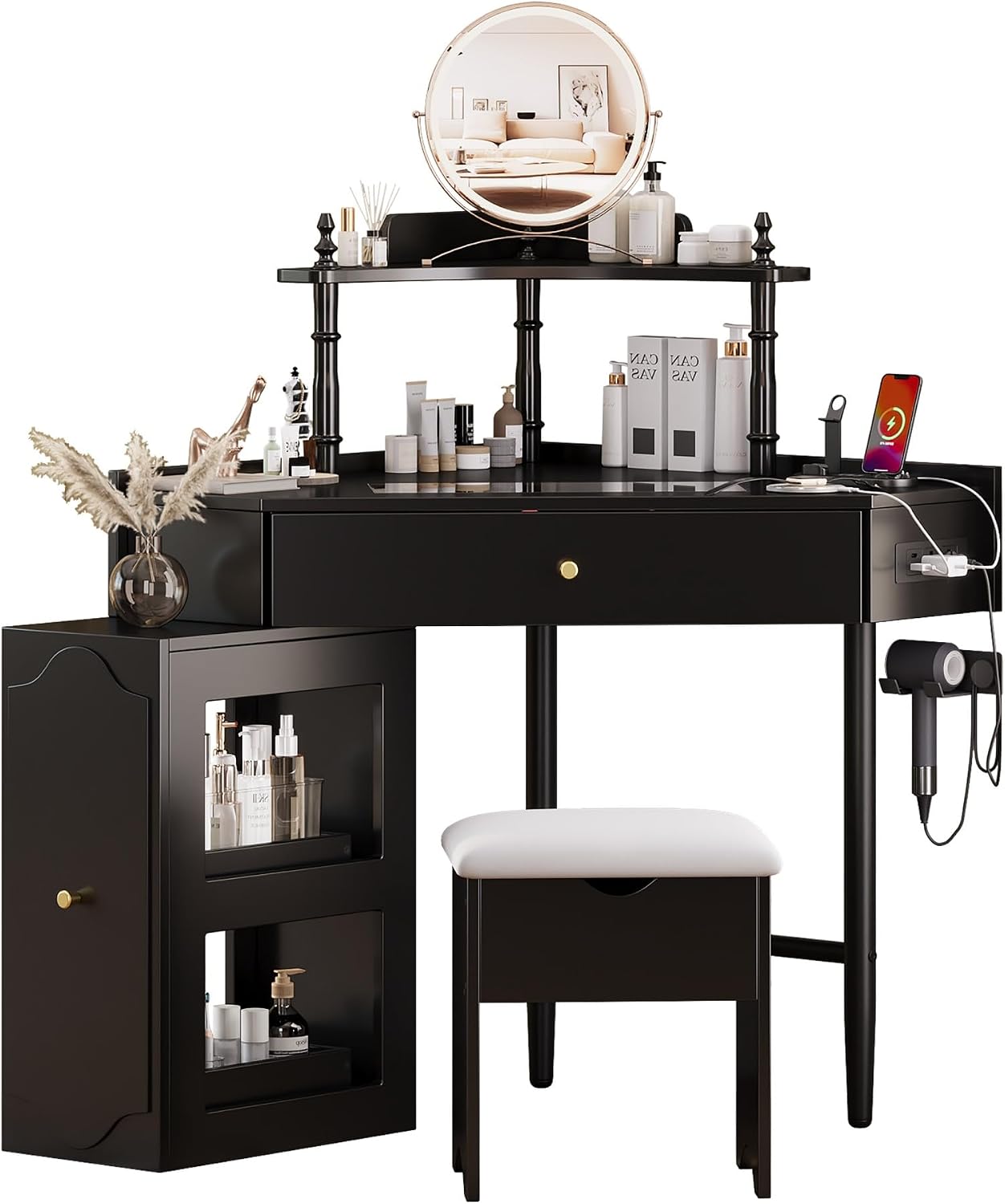 Corner Vanity Desk Set with Storage Cushioned Stool and Charging Station, Triangle Makeup Desk with Removable Pull-Out Side Cabinet, Glass Tabletop, Drawer and Shelf (Black)