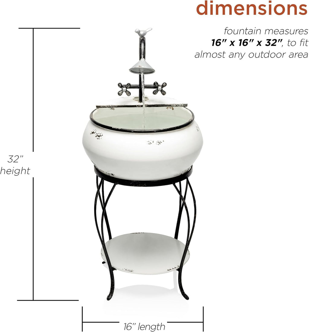 Alpine Corporation YHL170 32' Indoor/Outdoor Antique Metal Sink Water Fountain with Stand – Charming Waterfall Feature for Garden, Patio & Home Decor, White