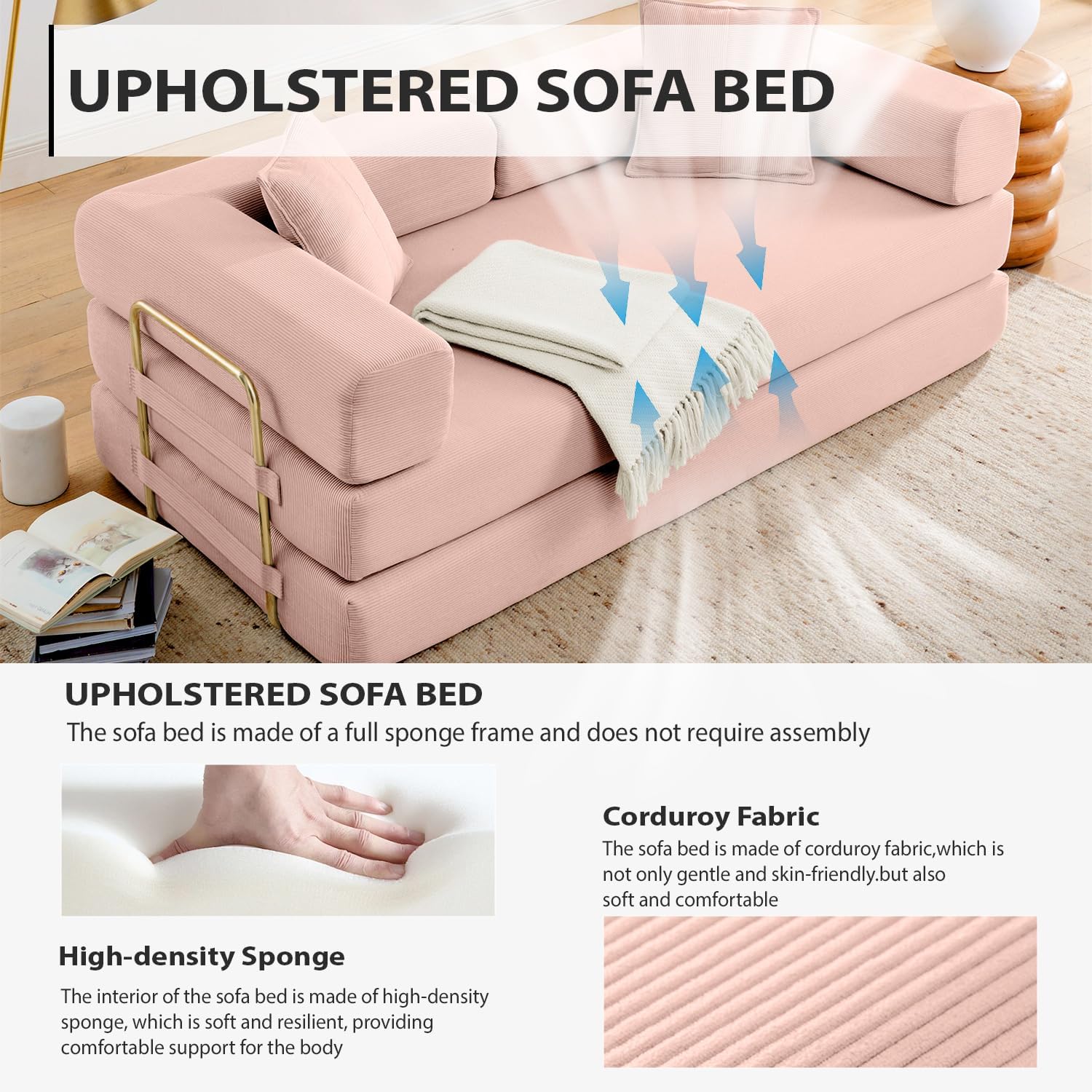 4-in-1 Folding Convertible Sofa Bed, 78 Inch Boneless Couch with Fixed-Shape Frame, Corduroy Loveseat Sleeper with Pull Out Bed, Floor Sofa Modular Futon Couch for Living Room Bedroom Lounge (Pink)