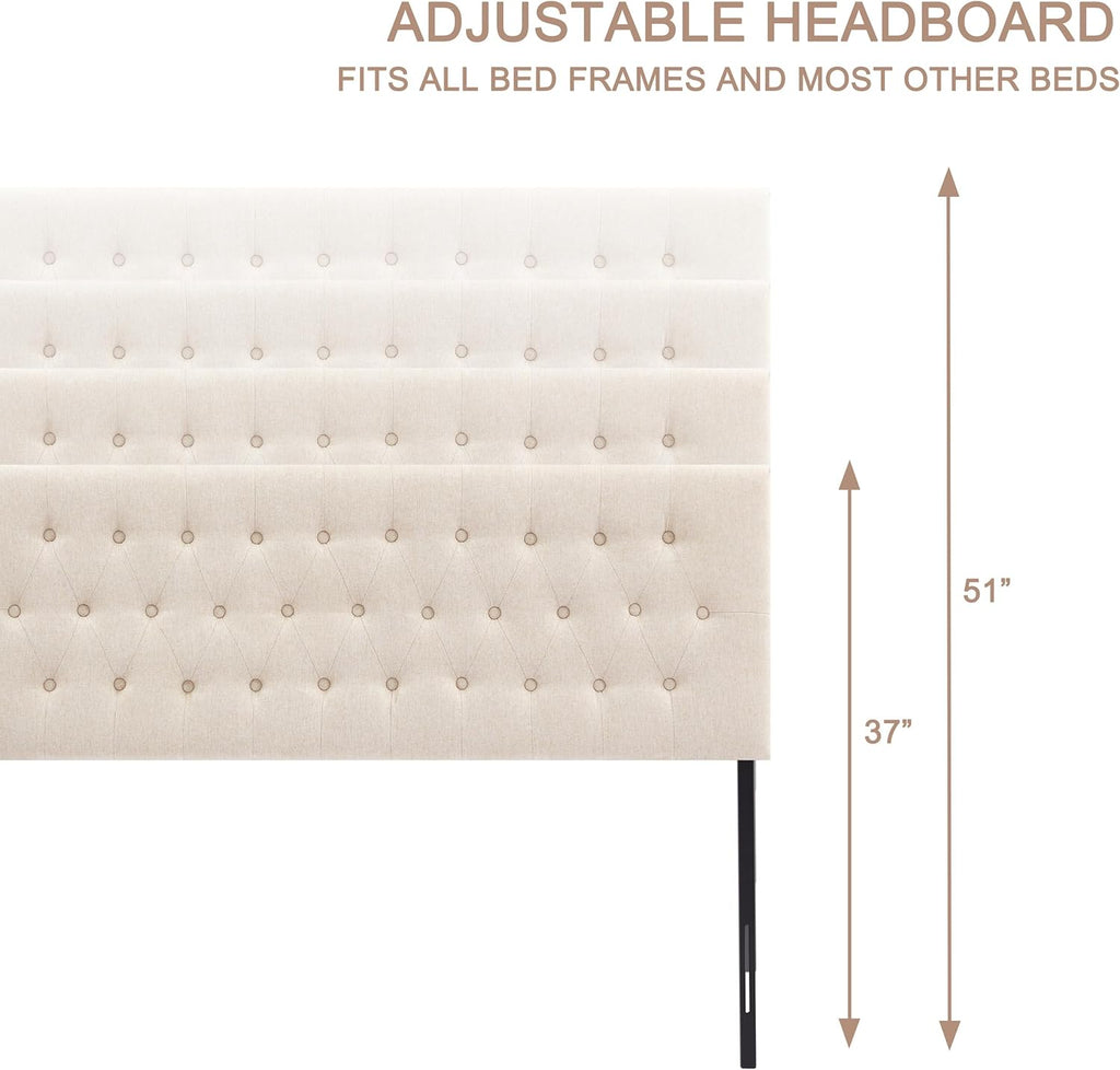 Huatean Home Tufted Upholstered Headboard King Size, Solid Wood Head Board with Durable Metal Legs, Adjustable Height Bed headboard from 37' to 51' Fabric Headboard in Modern Button Design, Beige