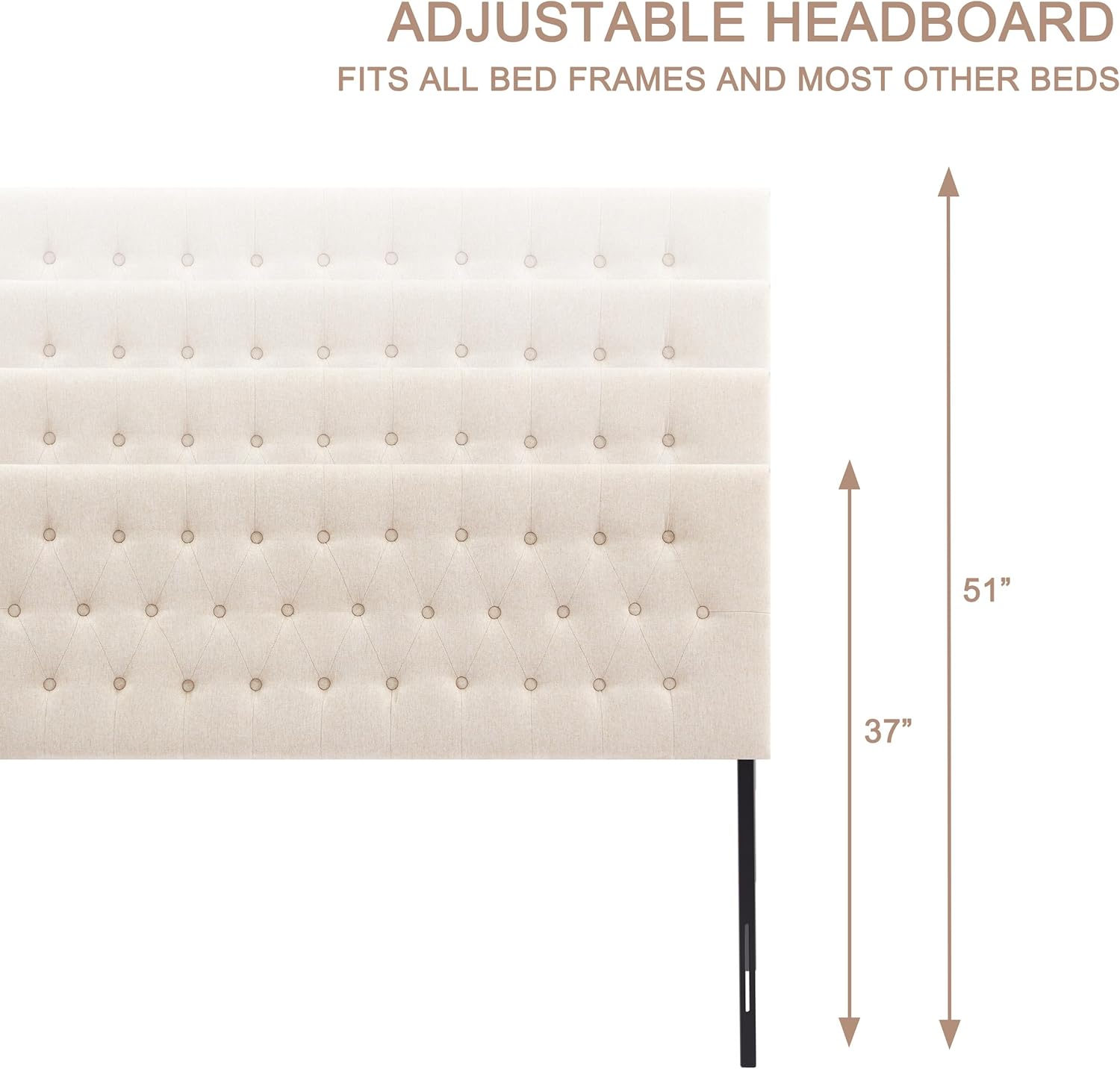 Huatean Home Tufted Upholstered Headboard King Size, Solid Wood Head Board with Durable Metal Legs, Adjustable Height Bed headboard from 37' to 51' Fabric Headboard in Modern Button Design, Beige