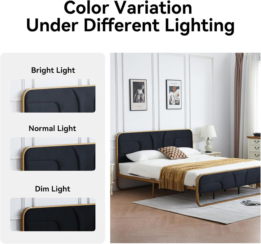 VELOCAVA Rounded Metal Upholstered Bed King with Unique Headboard, Soft Velvet Platform Bed Storage Supported by Metal Base and Wooden Slats, No Box Spring Needed,Gold & Black