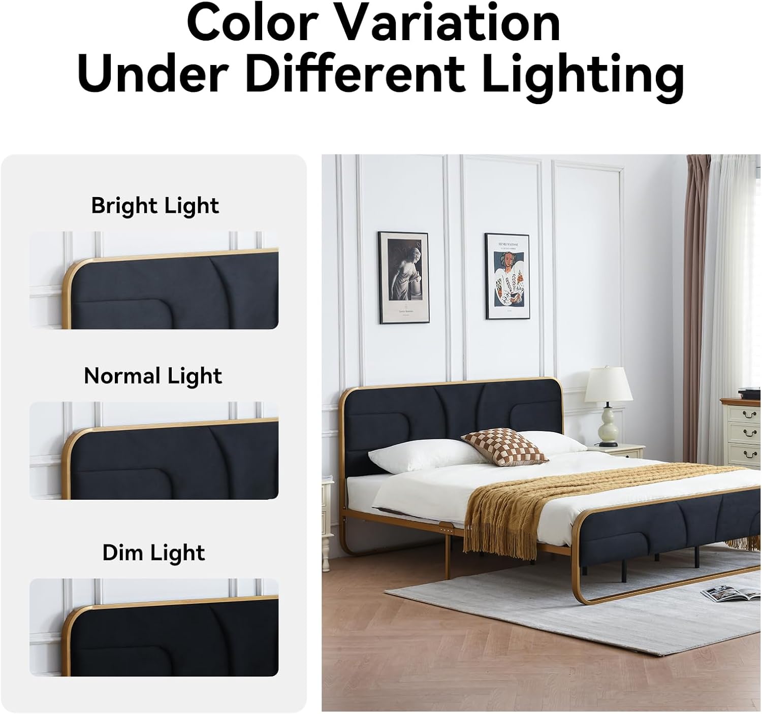 VELOCAVA Rounded Metal Upholstered Bed King with Unique Headboard, Soft Velvet Platform Bed Storage Supported by Metal Base and Wooden Slats, No Box Spring Needed,Gold & Black