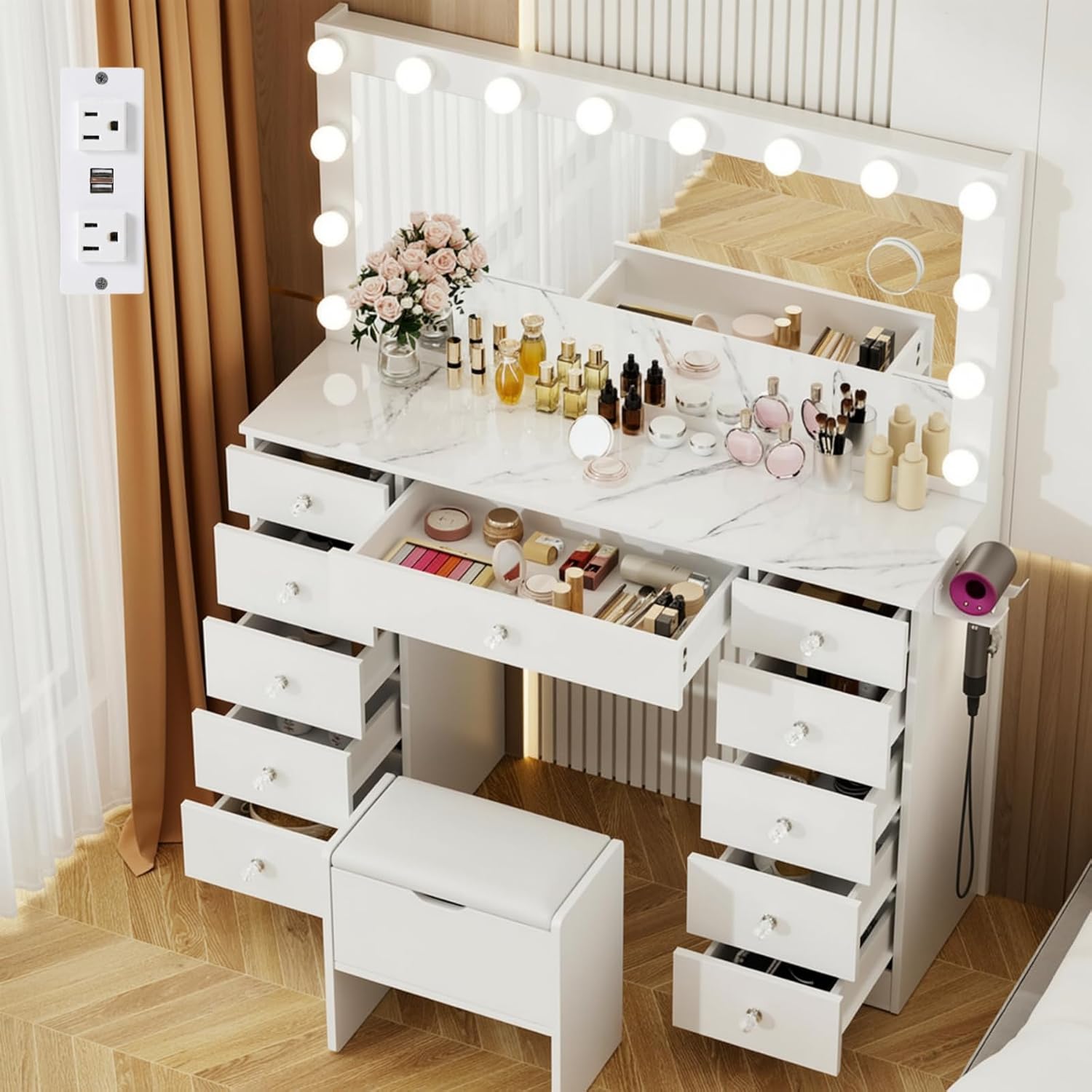 VOWNER Vanity with Lighted Mirror - Makeup Vanity Desk with 11 Drawers and Outlet, 3 Color Lighting Modes Adjustable Brightness, 46' Vanity Table with Soft Cushioned Stool for Bedroom, Marble