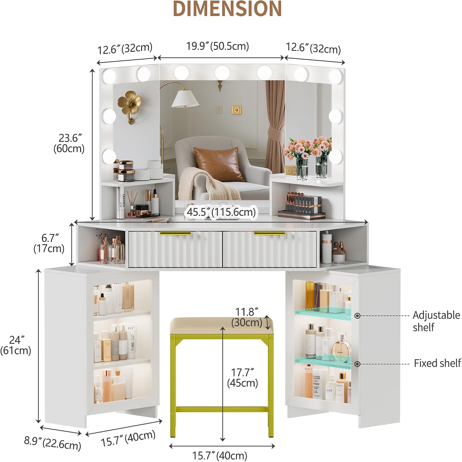Vanity Desk with Charging Station & LED Lights Mirror – Corner Design HD Triple Mirror Makeup Vanity Table Set with Storage Drawers & Chair for Living Room/Bedroom Ideal Gift (White)