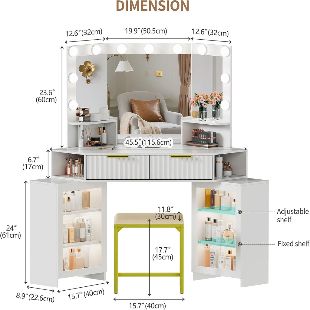 Vanity Desk with LED Lights Mirror & Power Outlet – Corner Design, Makeup Vanity Table Set with Storage Drawers & Chair, 3 Lighting Modes for Living Room/Bedroom, Ideal for Gift (White)