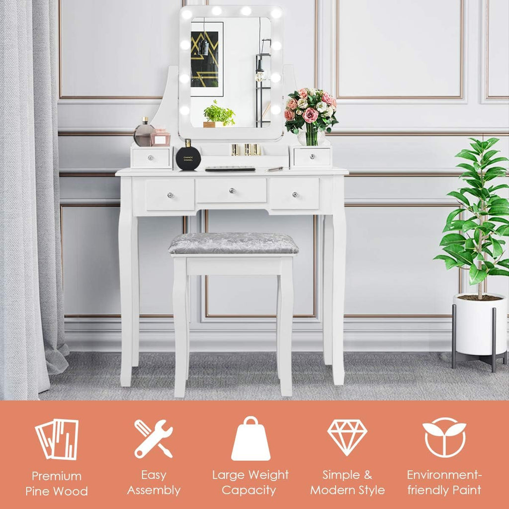 COSTWAY Vanity Desk Set with Lighted Mirror, 360° Swivel Vanity Mirror Desk with 10 LED Bulbs, Makeup Dressing Table with 5 Drawers, Vanity Table with Cushioned Stool for Bedroom, Women, Girls (White)