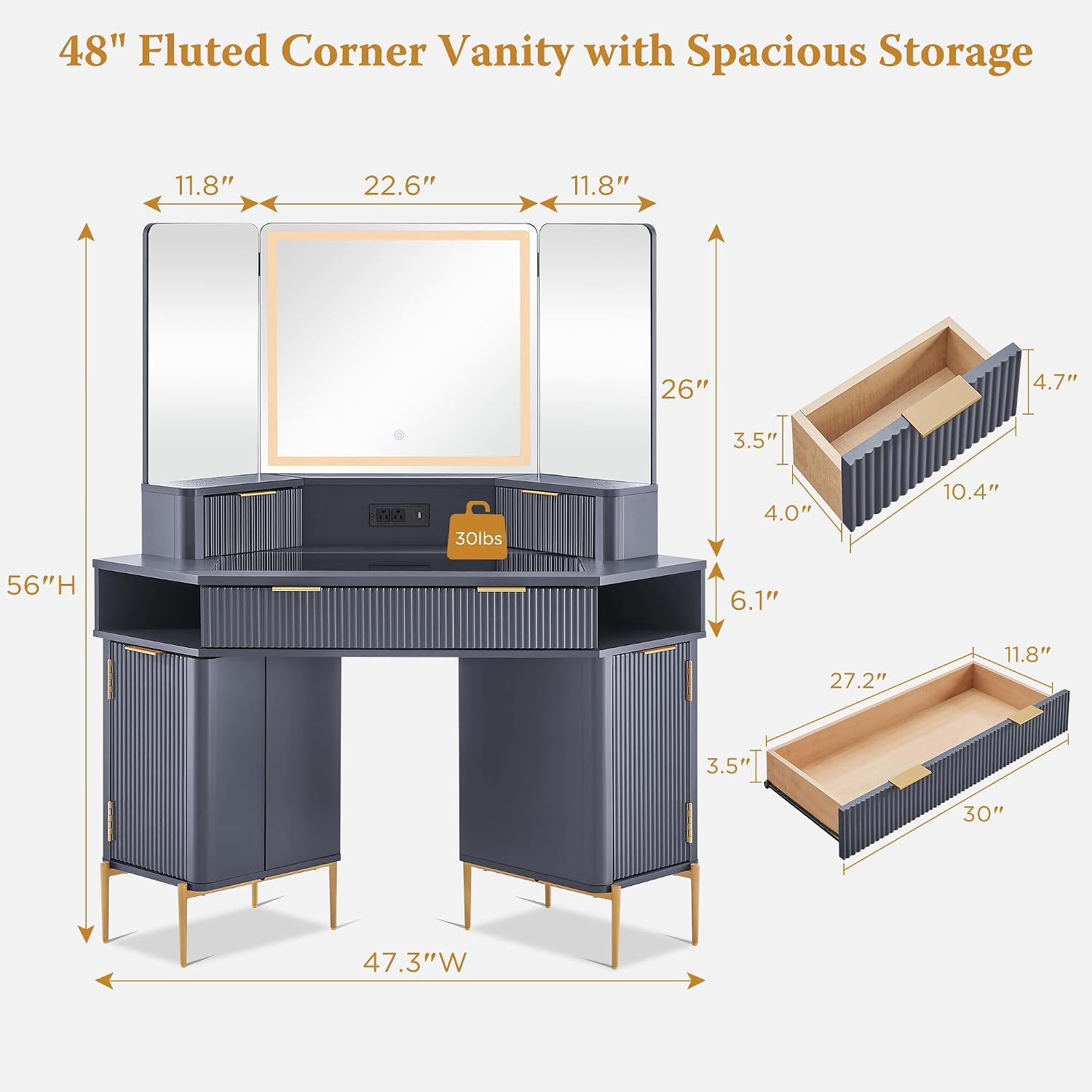 T4TREAM Corner Vanity Desk with Mirror and Lights, 48' Modern Fluted Makeup Vanity with Glass Top, 3-Panel Lighted Mirror & Charging Outlet, Dressing Table with 3 Drawers & 2 Cabinets, Dark Grey