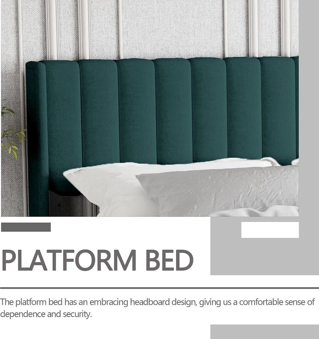 Full Size Bed Frame with Headboard, Modern Upholstered Velvet Platform Bed, Heavy Duty Wooden Slats Support, No Box Spring Needed, Noise-Free & Easy Assembly, Green