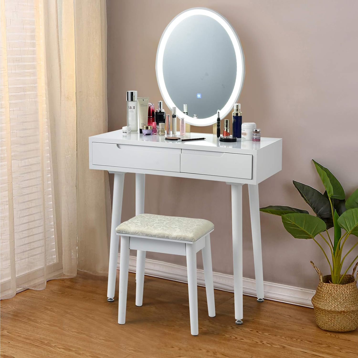 CHARMAID Vanity Set with Lighted Mirror, 3 Modes Adjustable Brightness Mirror, Makeup Dressing Table with Cushioned Stool, 2 Sliding Drawers with Divider, Modern Bedroom Vanity for Girls Women (White)