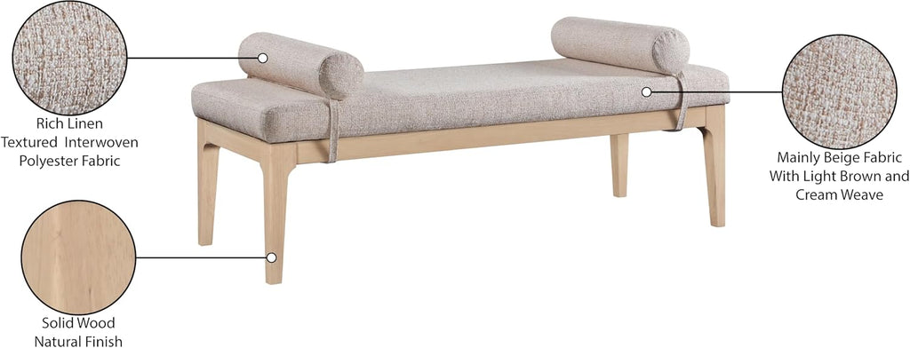 Meridian Furniture 22072Beige Priscilla Collection Art Deco Bench with Rich Linen Textured Interwoven Polyester Fabric, Light Brown and Cream Weave, Finished Solid Wood, 52' W x 22' D x 23.5' H, Beige