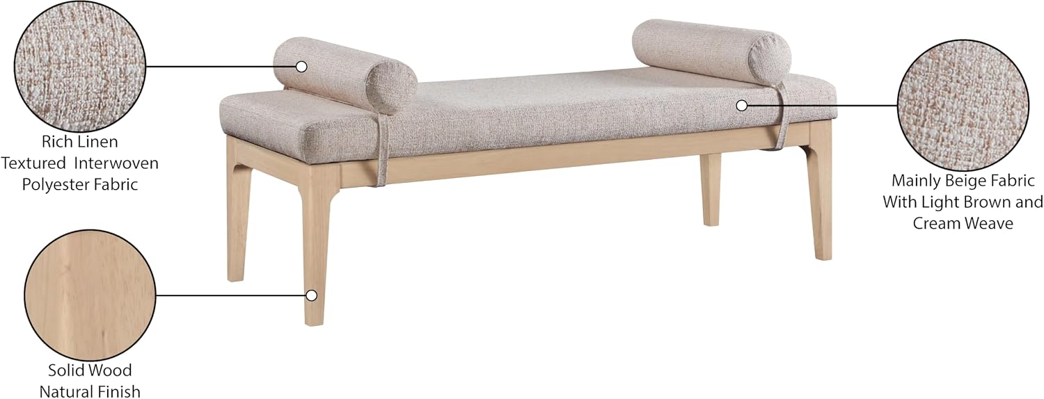 Meridian Furniture 22072Beige Priscilla Collection Art Deco Bench with Rich Linen Textured Interwoven Polyester Fabric, Light Brown and Cream Weave, Finished Solid Wood, 52' W x 22' D x 23.5' H, Beige