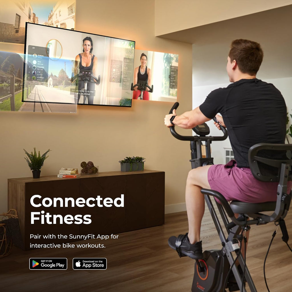 Sunny Health & Fitness Smart Folding X-Bike, Portable Compact Exercise Bike for Indoor Cycling Workout, Home Cardio Training Machine, Free SunnyFit App Bluetooth Connect