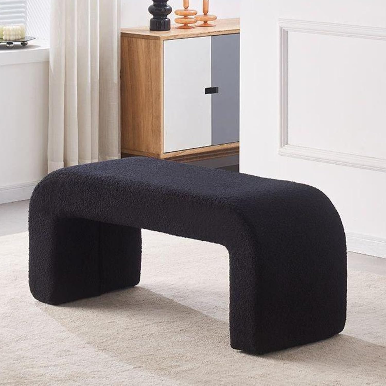 Black,Large, Fuzzy Sherpa Upholstered Ottoman Bench, Ottoman Bench End of Bed, Modern Upholstered Bench, Modern Fabric Arched Bench, Vanity Bench Stools for Living Room Bedroom Entryway