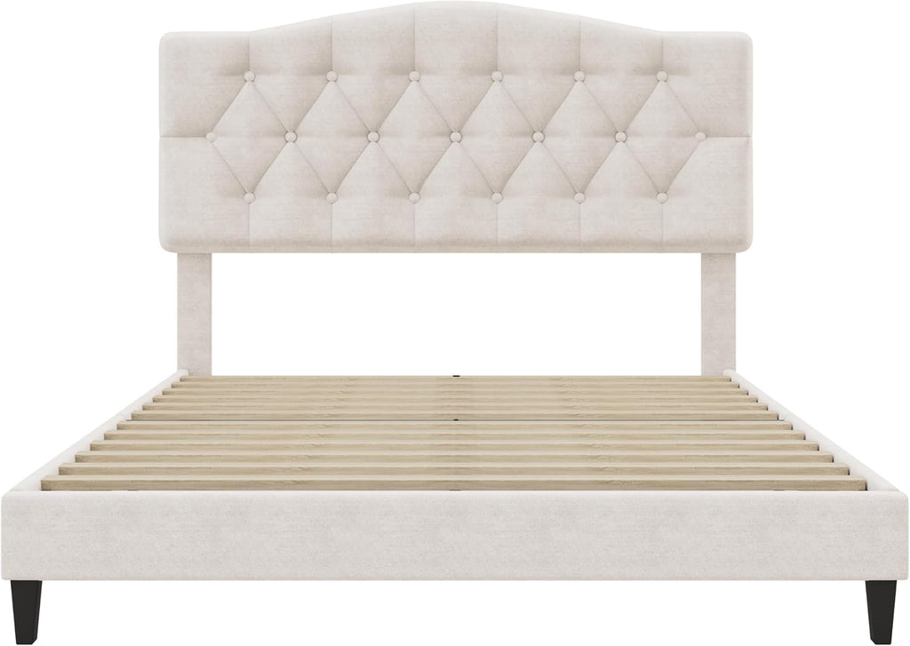King Size Bed Frame, Upholstered Platform Bed with Diamond Tufted Headboard, Sturdy Slat Support Mattress Foundation, No Box Spring Needed, Modern Bedroom Furniture (King)