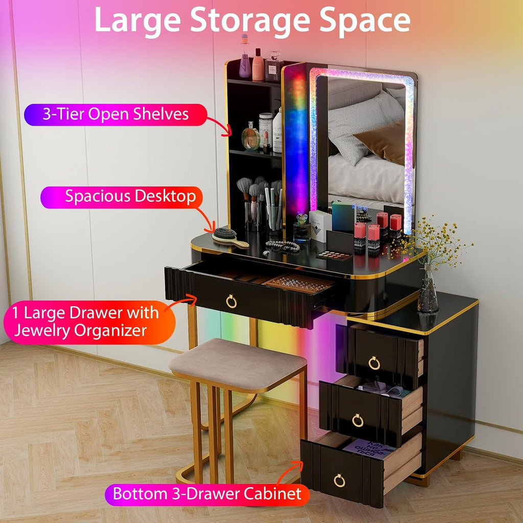 CHARMAID RBG LED Makeup Vanity Table, Colorful Lighted Mirror, 7 Dynamic & 7 Static Modes, 3-Drawer Chest, 3 Shelves, Large Drawer, Girls Vanity Desk Dressing Table with Stool