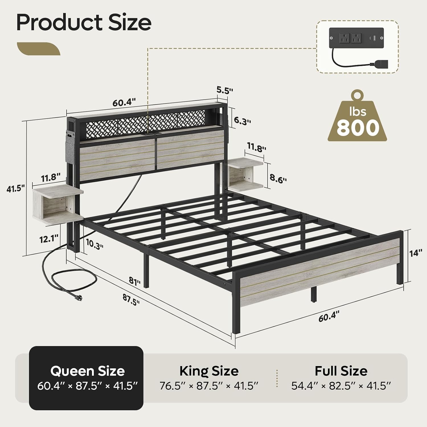 Bestier Queen Bed Frame with Horizontal Golden Stripe Storage Headboard&LED Nightstands, Metal Platform Bed with Charging Station, Heavy Duty Metal Slats, No Box Spring Needed, Noise Free(Grey Oak)