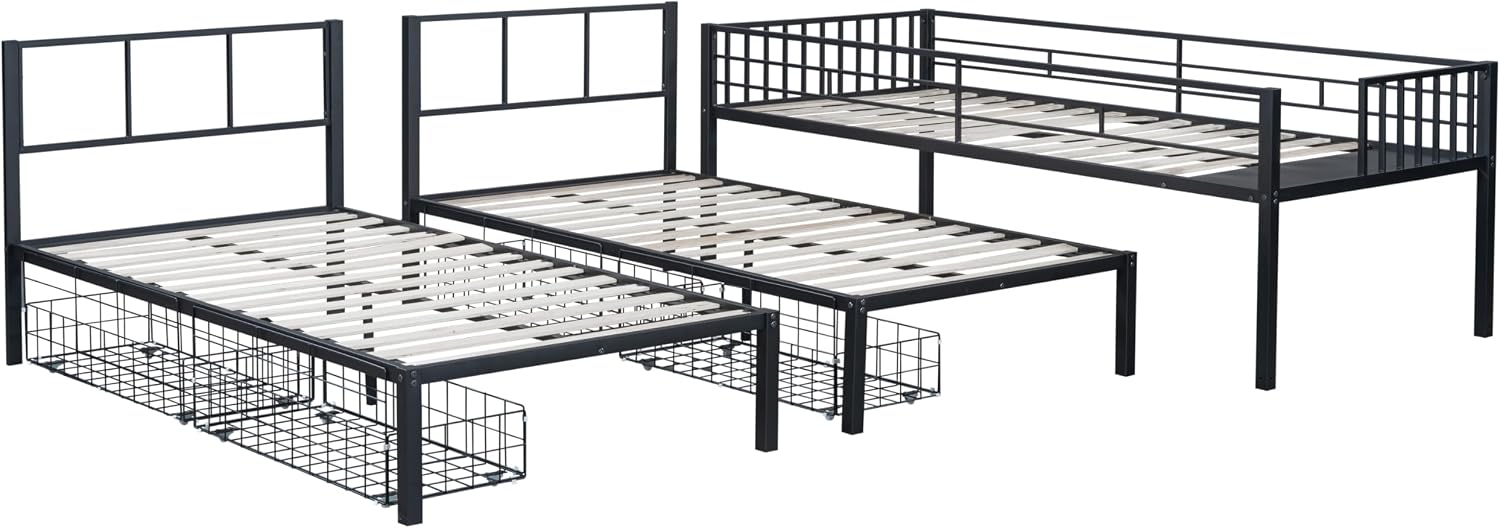 PVWIIK Heavy-Duty Triple Bunk Bed with 2 Storage Drawers & USB Charging Station,LED Triple Bunk Bed Frame with Built-in Ladder & Full-Length Guardrails,Easy to Assemble,Space Saving, Black