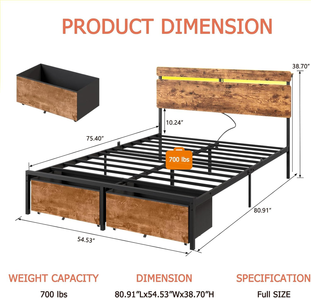 Forestell Full Size Bed Frame with Wood Headboard, Metal Platform Bed with 2 Storage Drawers & Shelf, Built in Charging Station & LED Lights, No Box Spring Needed, Vintage Brown, Camas Full